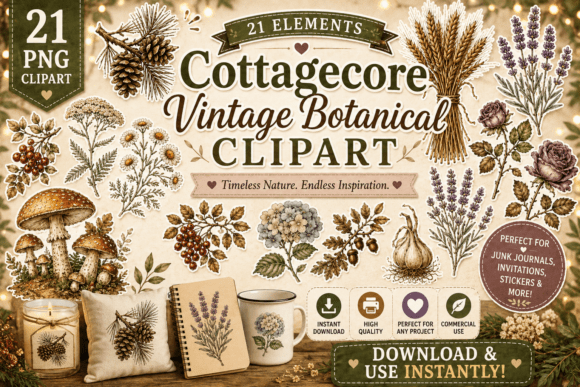 Download Cottagecore Vintage Botanical Clipart - Premium Bundle